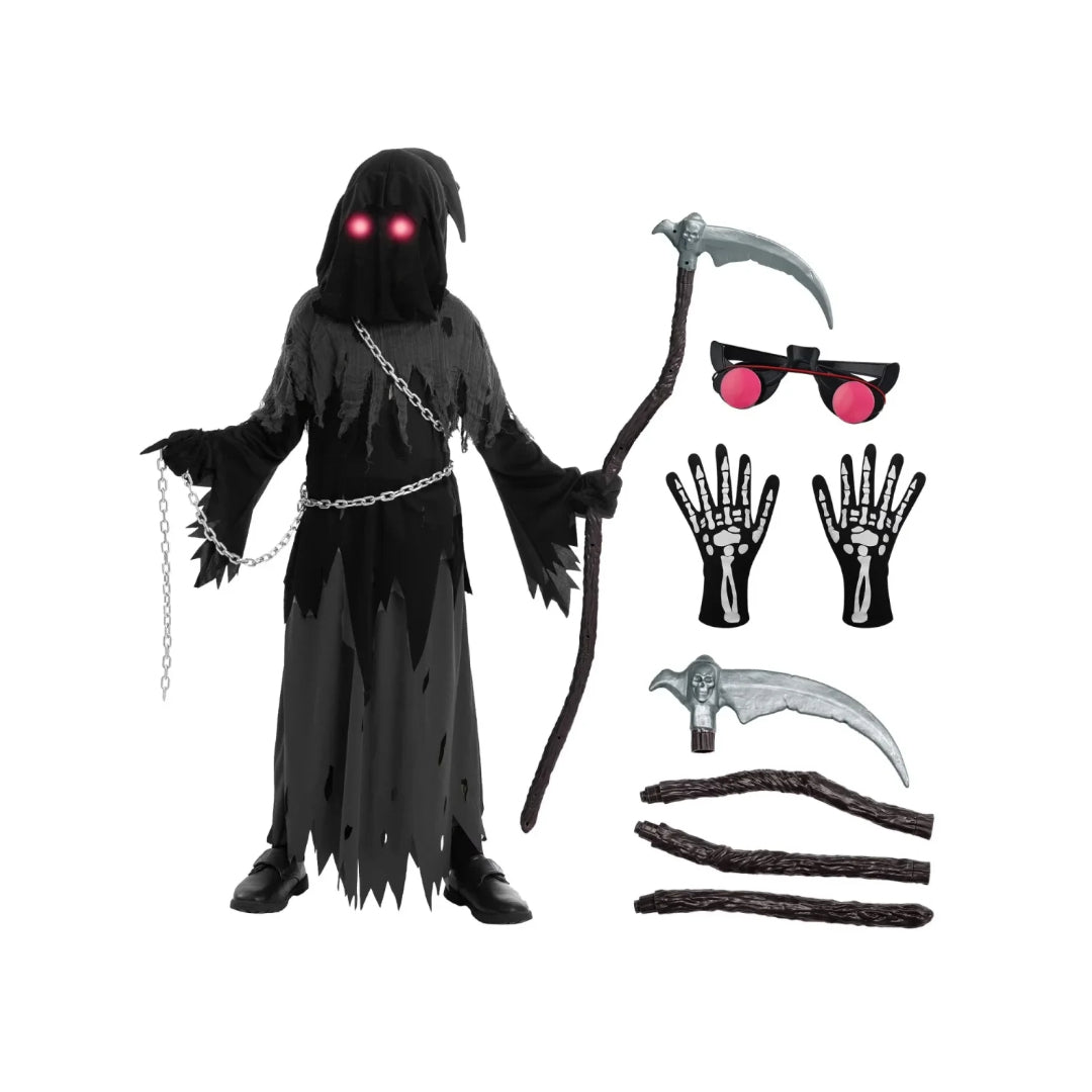 Grim Reaper Halloween Costume Hooded Robe Glowing Eye Design Kids