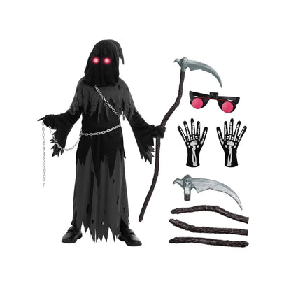 Grim Reaper Halloween Costume Hooded Robe Glowing Eye Design Kids