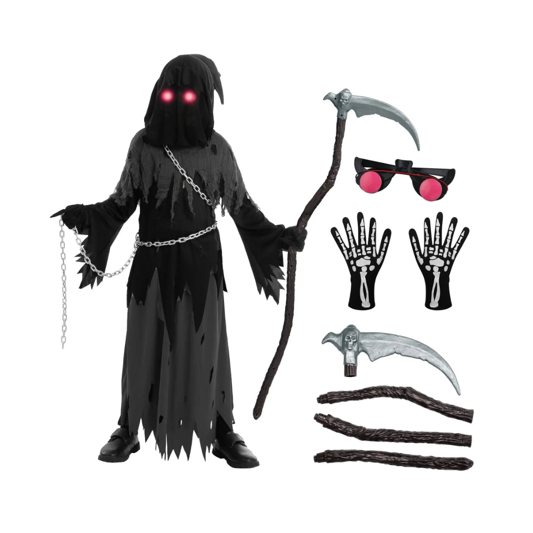 Grim Reaper Halloween Costume Hooded Robe Glowing Eye Design Kids