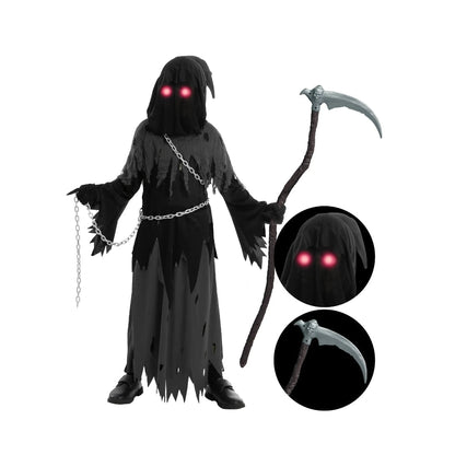 Grim Reaper Halloween Costume Hooded Robe Glowing Eye Design Kids