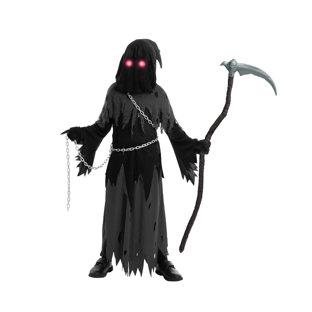 Grim Reaper Halloween Costume Hooded Robe Glowing Eye Design Kids