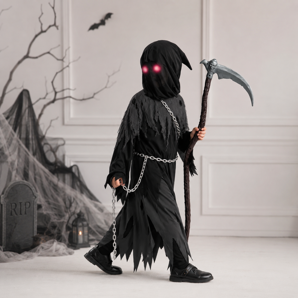 Grim Reaper Halloween Costume Hooded Robe Glowing Eye Design Kids