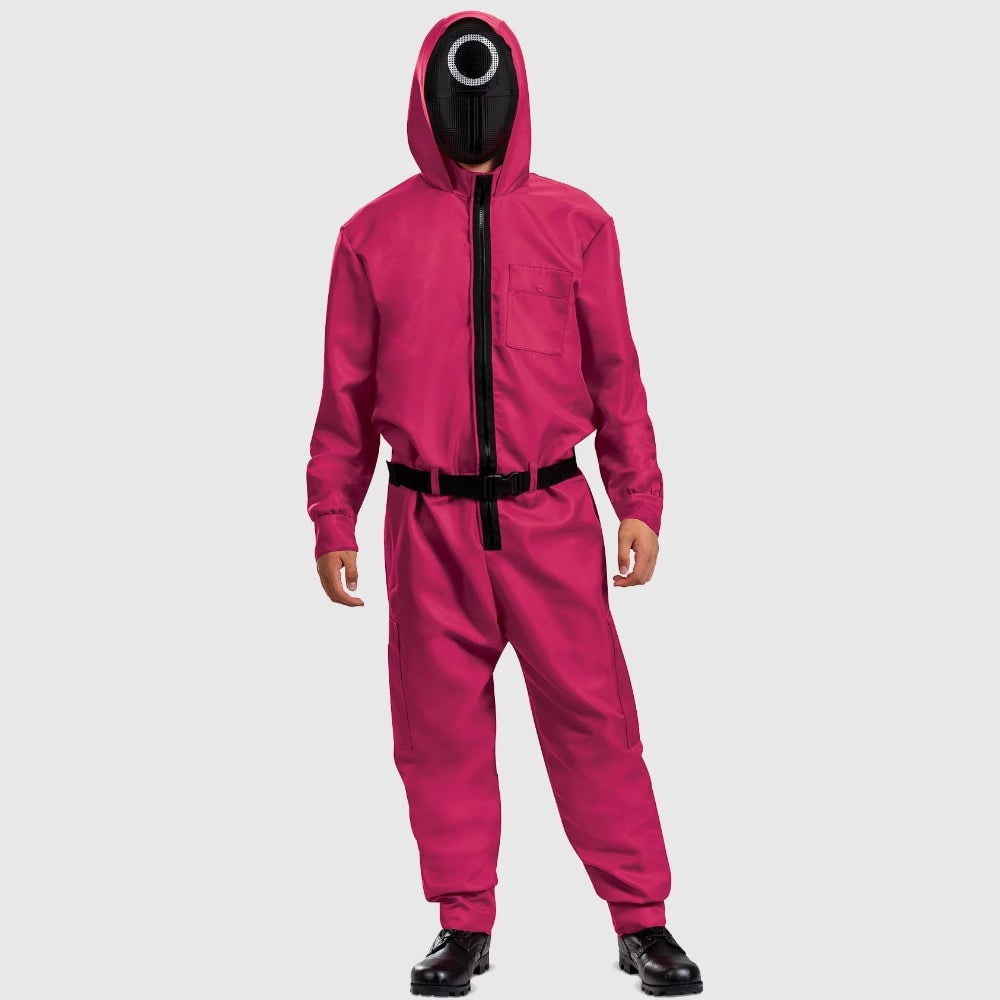 Tuta costume da Halloween con cintura e maschera, outfit da festa a copertura integrale