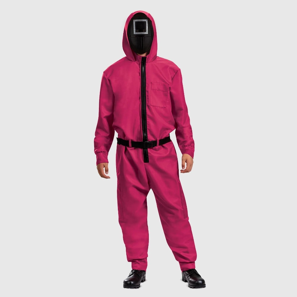 Tuta costume da Halloween con cintura e maschera, outfit da festa a copertura integrale