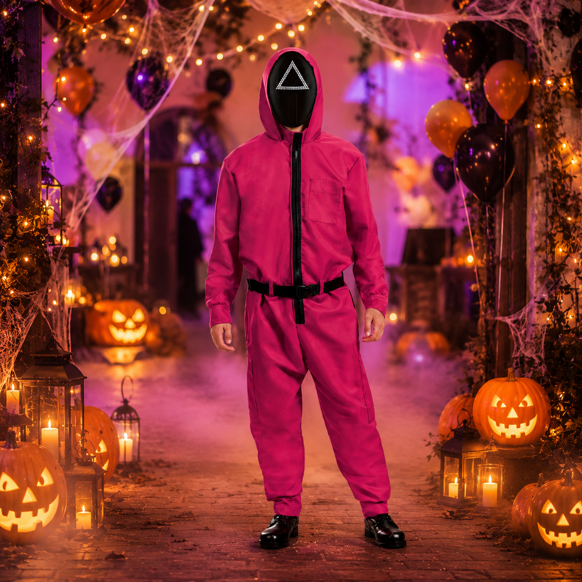 Tuta costume da Halloween con cintura e maschera, outfit da festa a copertura integrale