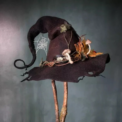 Τσόχινο μάλλινο καπέλο μάγισσας για το Halloween, με κέντημα ιστού αράχνης και floral λεπτομέρειες