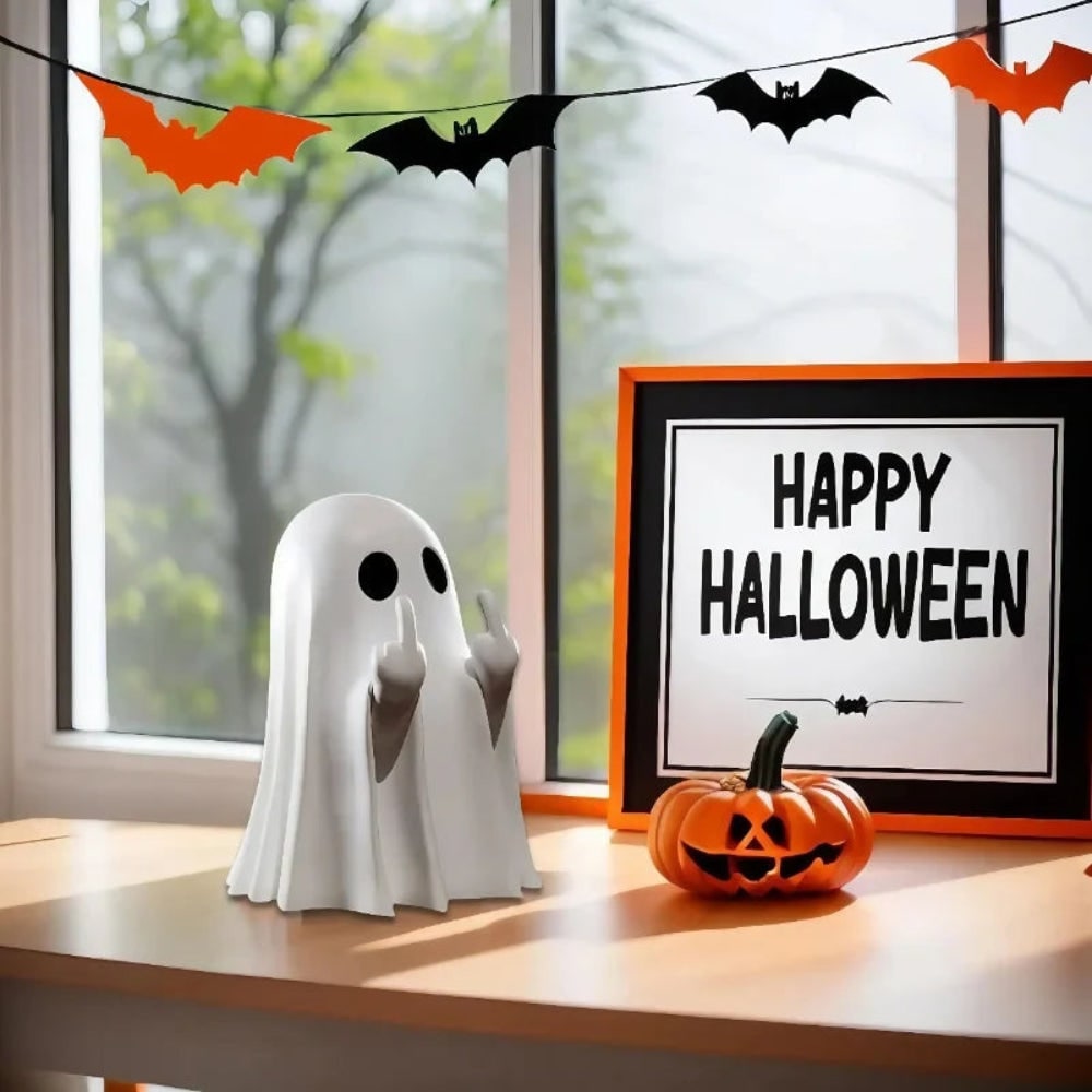 Spøgelsesfigur til bordet til Halloween med hænder, der viser langfingeren