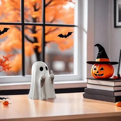Spøgelsesfigur til bordet til Halloween med hænder, der viser langfingeren