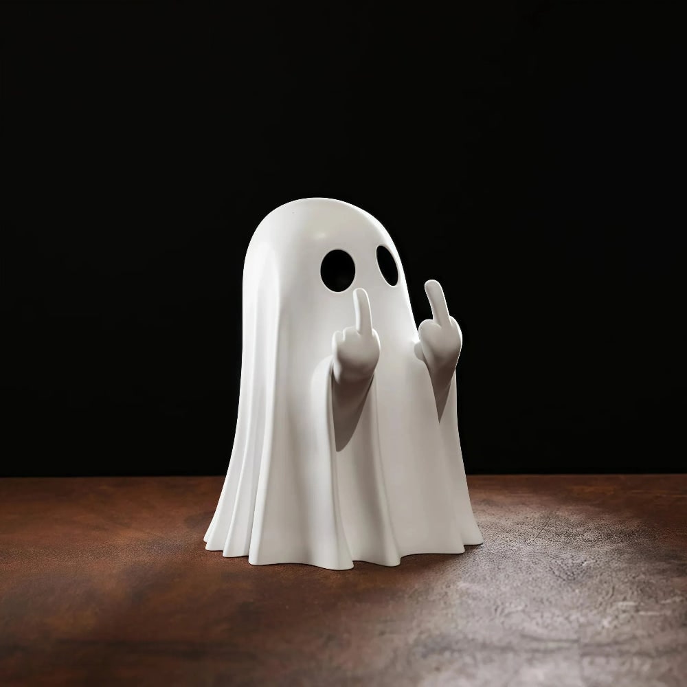 Spøgelsesfigur til bordet til Halloween med hænder, der viser langfingeren
