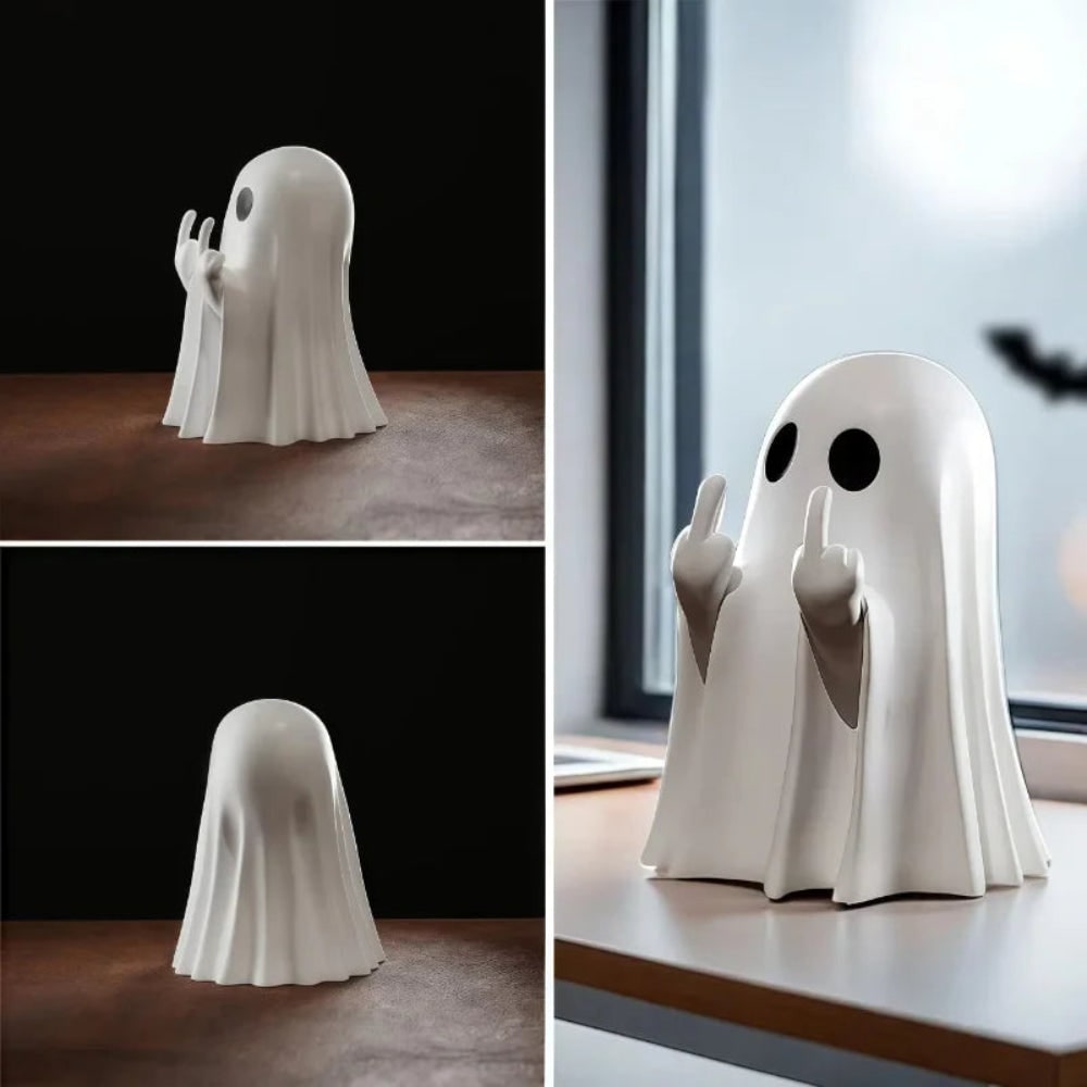 Spøgelsesfigur til bordet til Halloween med hænder, der viser langfingeren