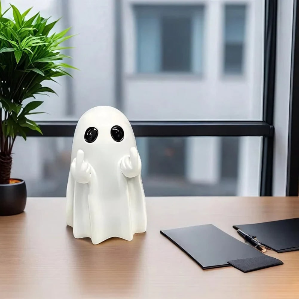 Spøgelsesfigur til bordet til Halloween med hænder, der viser langfingeren