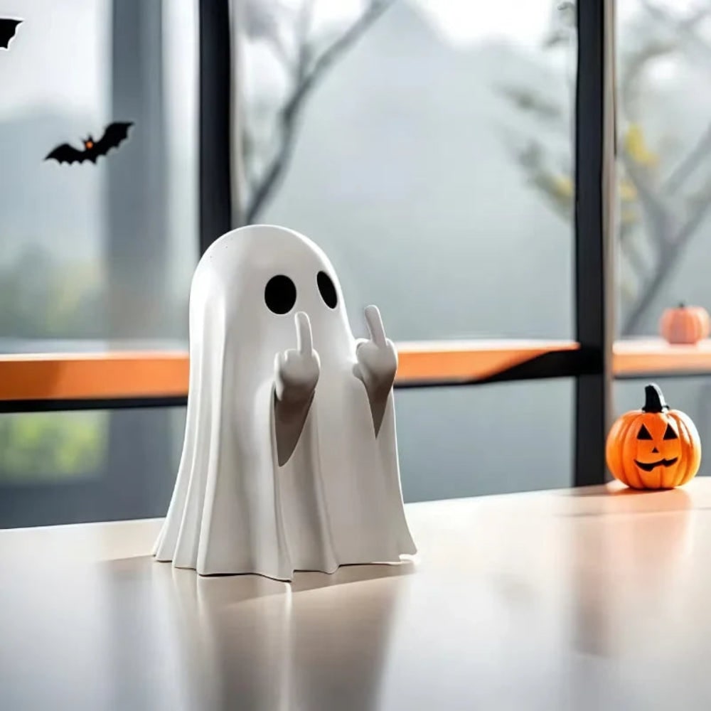 Spøgelsesfigur til bordet til Halloween med hænder, der viser langfingeren
