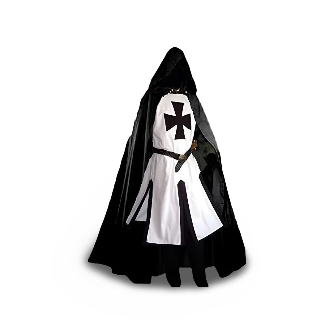 Halloween Medieval Knight Costume Tunic with Hooded Templar Cloak