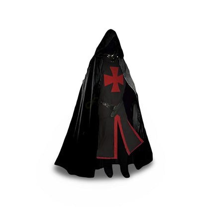 Halloween Medieval Knight Costume Tunic with Hooded Templar Cloak