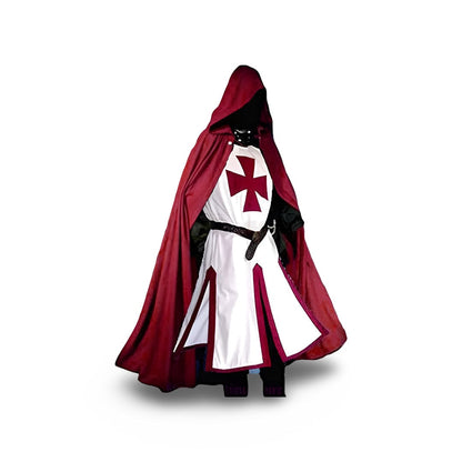 Halloween Medieval Knight Costume Tunic with Hooded Templar Cloak