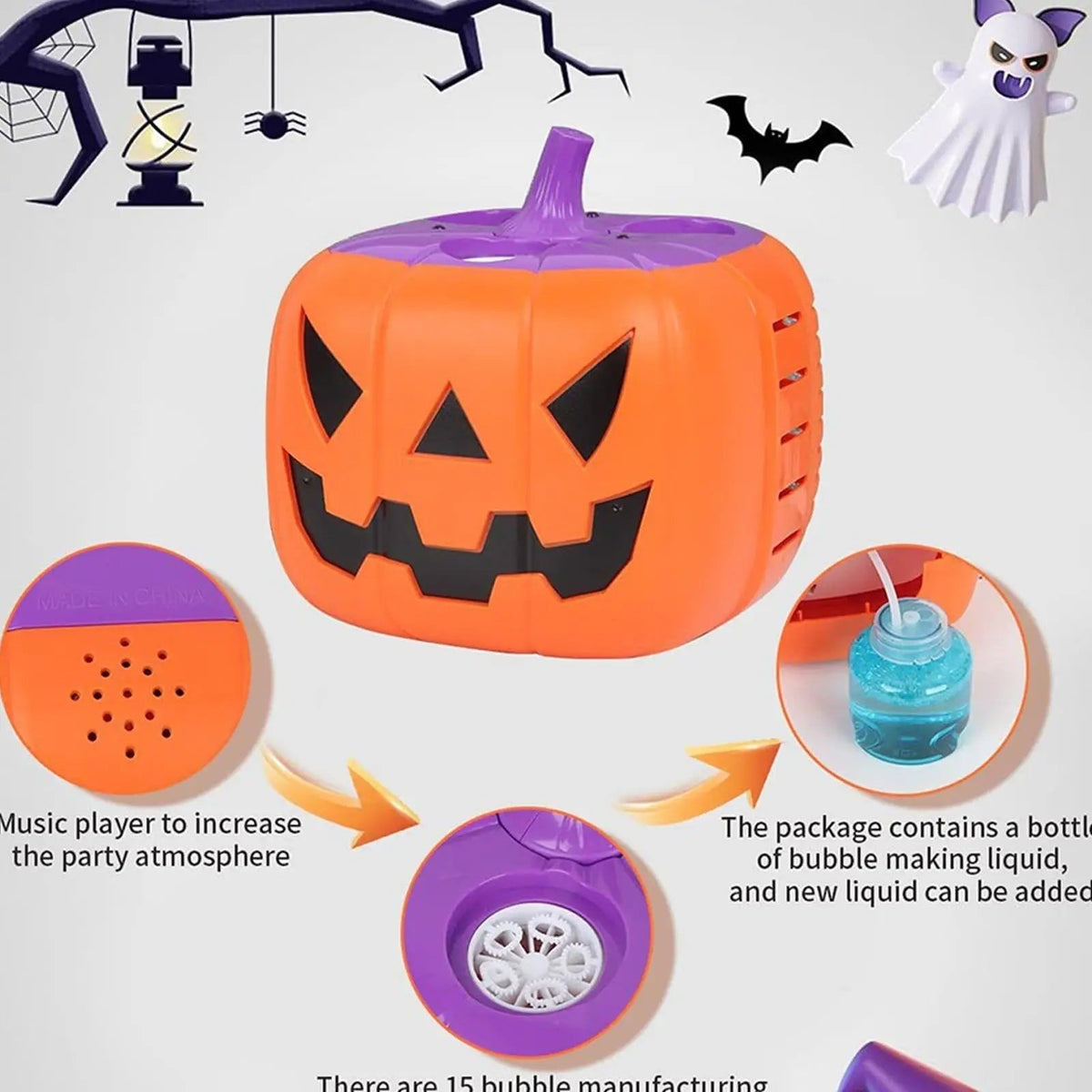 Halloween-græskarboblemaskine med LED-lys og dyse med 15 huller