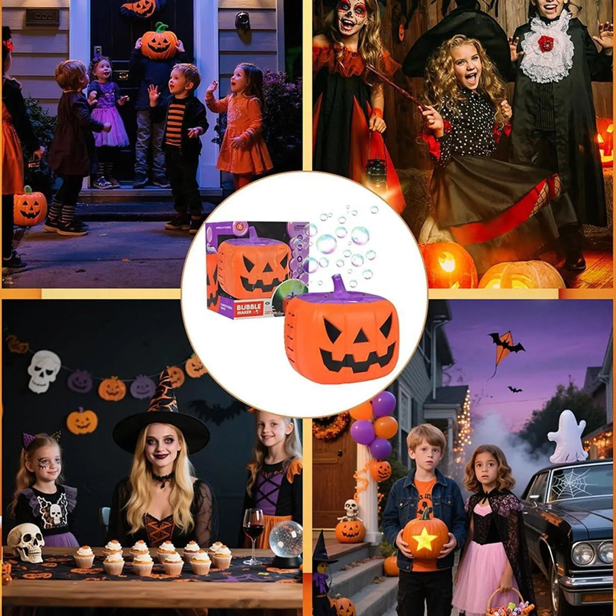 Halloween-græskarboblemaskine med LED-lys og dyse med 15 huller