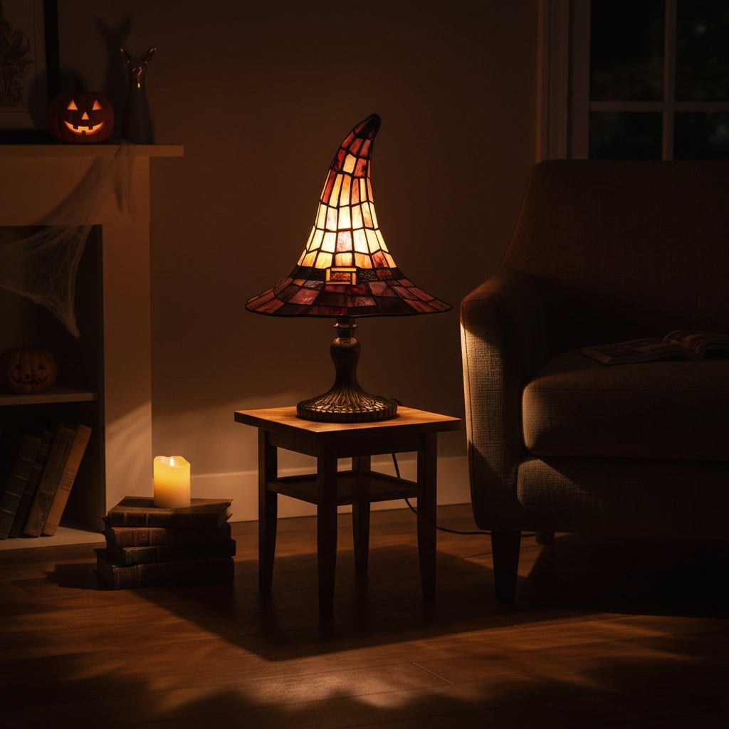 Sæt med 2 Tiffany-lignende Halloween-bordlamper i farvet glas med heksehatte