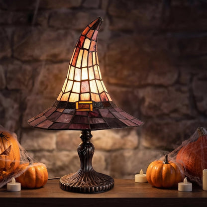 Sæt med 2 Tiffany-lignende Halloween-bordlamper i farvet glas med heksehatte