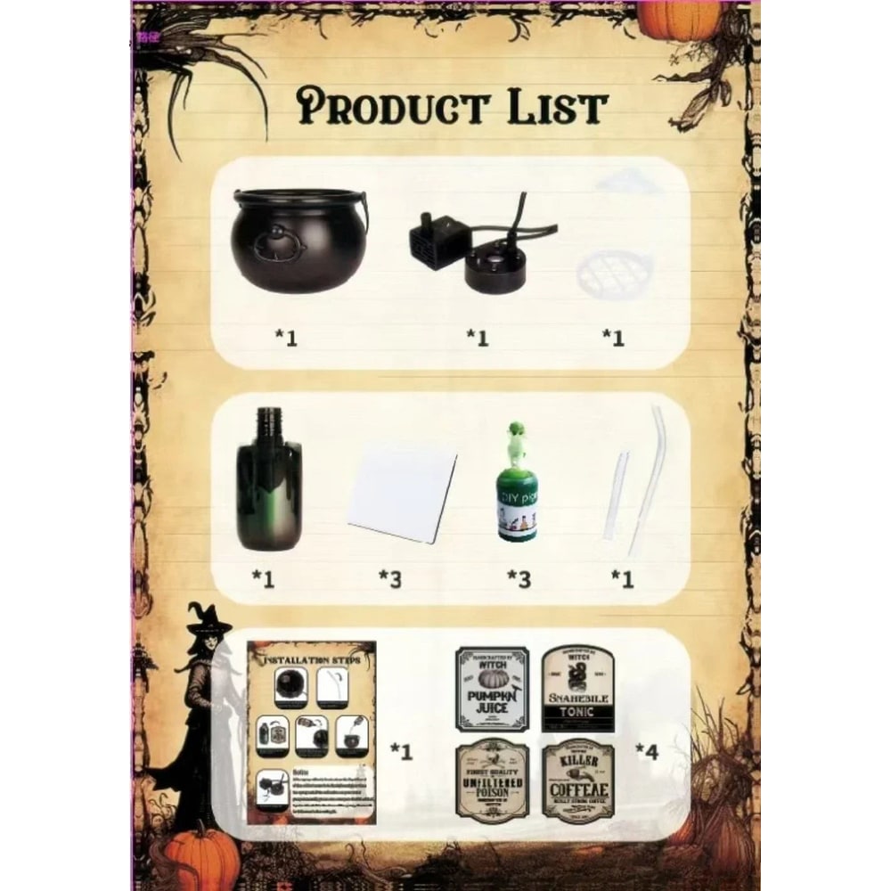 Calderone da strega di Halloween con nebulizzatore, luci LED e bottiglia galleggiante