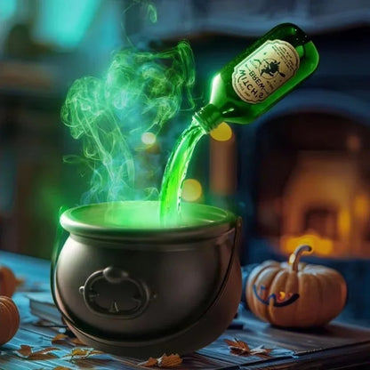 Calderone da strega di Halloween con nebulizzatore, luci LED e bottiglia galleggiante