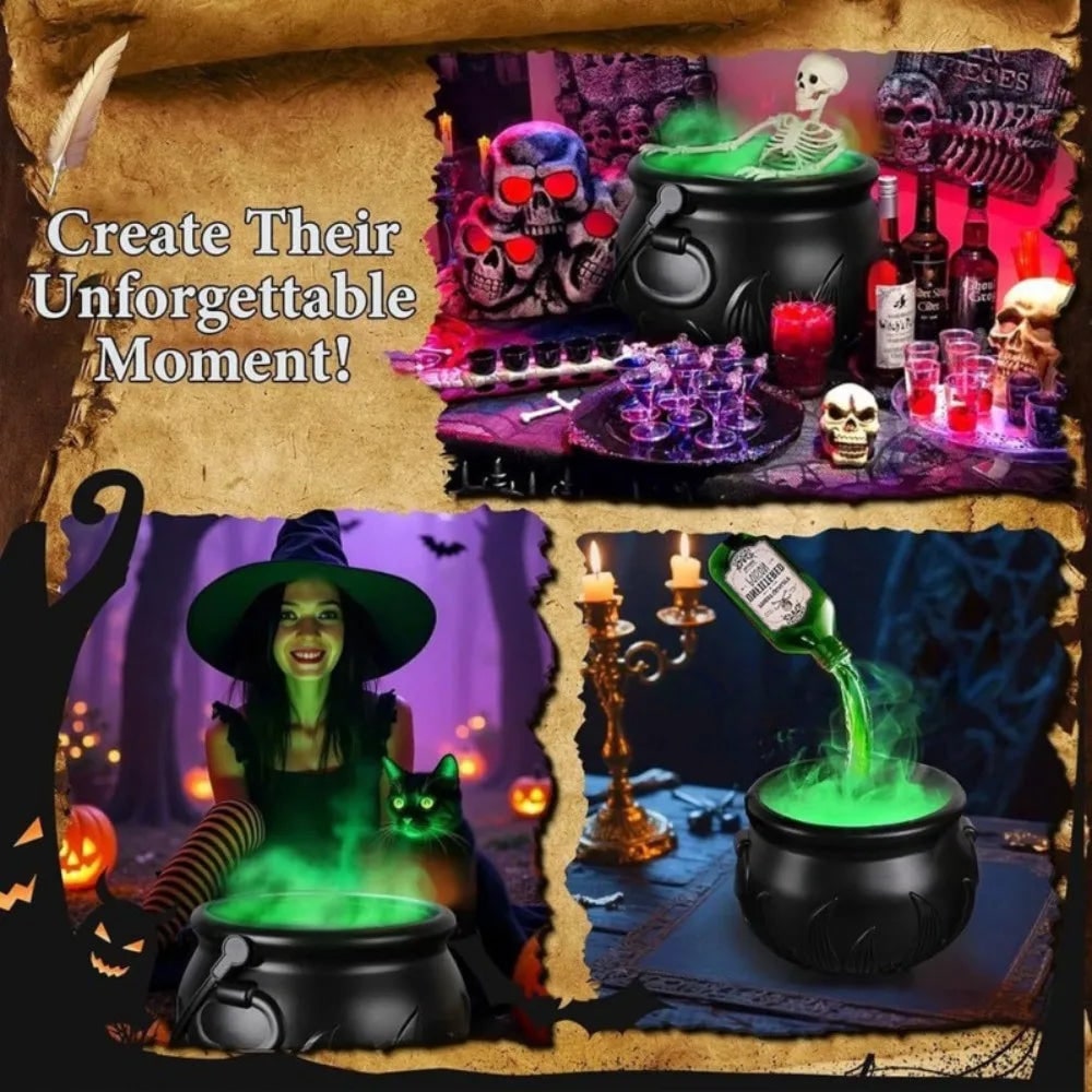 Calderone da strega di Halloween con nebulizzatore, luci LED e bottiglia galleggiante