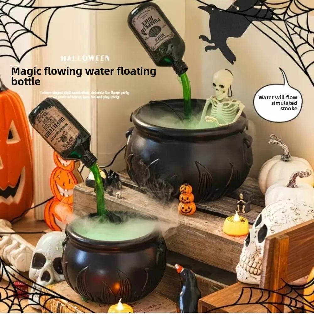Calderone da strega di Halloween con nebulizzatore, luci LED e bottiglia galleggiante