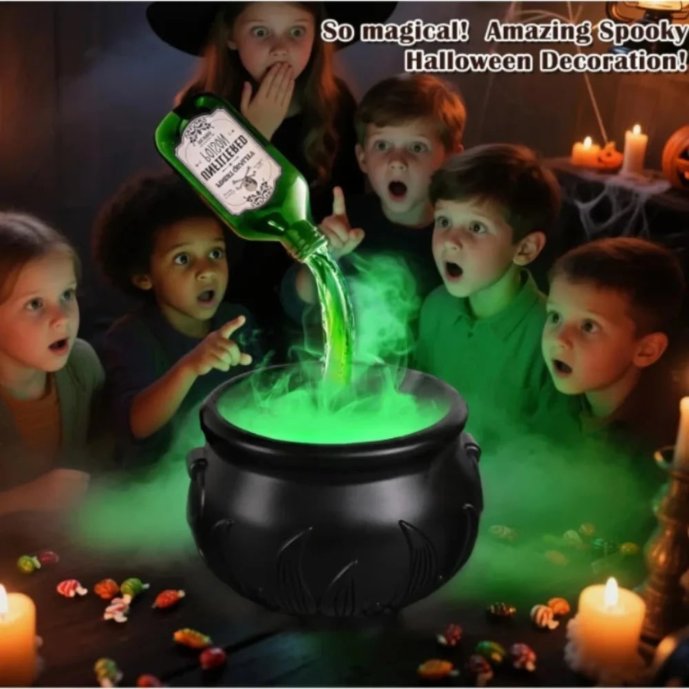 Calderone da strega di Halloween con nebulizzatore, luci LED e bottiglia galleggiante