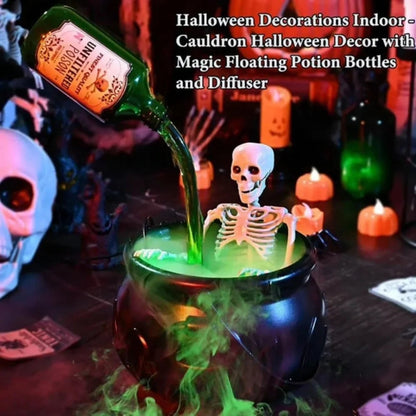 Calderone da strega di Halloween con nebulizzatore, luci LED e bottiglia galleggiante