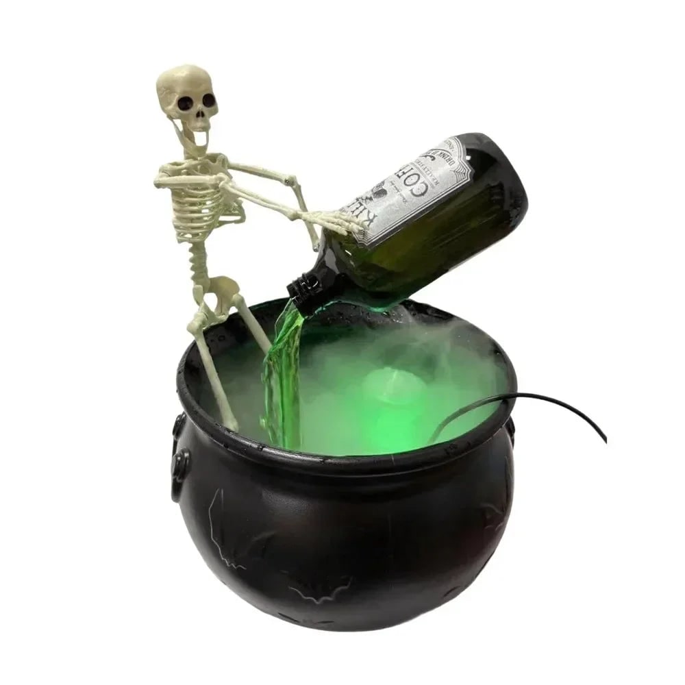 Calderone da strega di Halloween con nebulizzatore, luci LED e bottiglia galleggiante