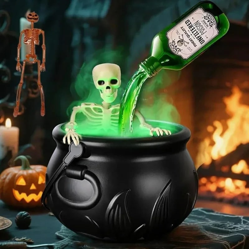Calderone da strega di Halloween con nebulizzatore, luci LED e bottiglia galleggiante