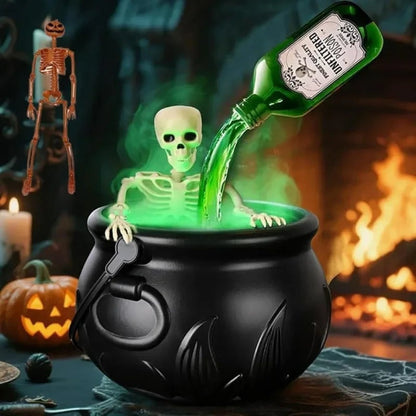 Calderone da strega di Halloween con nebulizzatore, luci LED e bottiglia galleggiante
