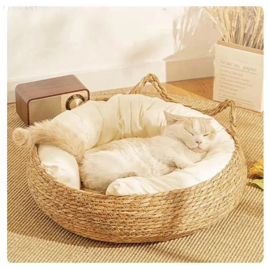 Handwoven Cat Basket With Plush Cushion For Comfortable Rest