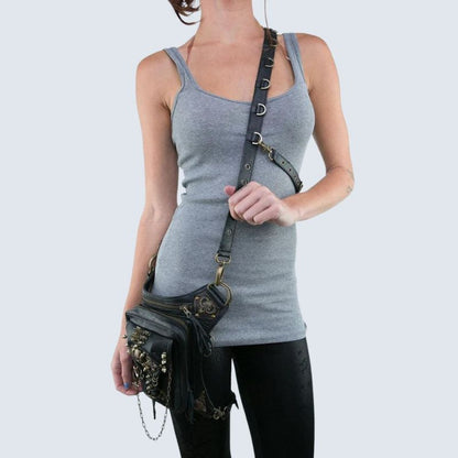 Harness Style Crossbody Bag Adjustable Straps Multi Zip Pocket Statement Purse