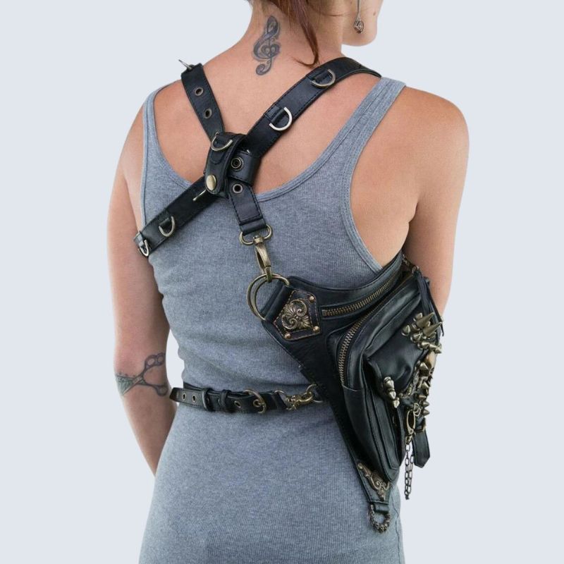 Harness Style Crossbody Bag Adjustable Straps Multi Zip Pocket Statement Purse