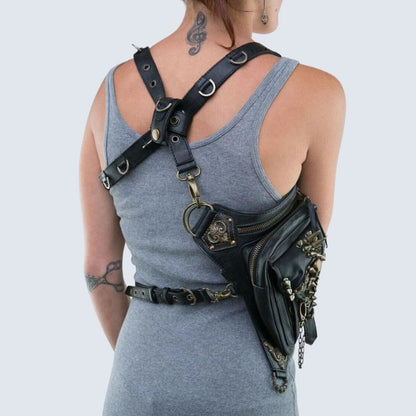 Harness Style Crossbody Bag Adjustable Straps Multi Zip Pocket Statement Purse