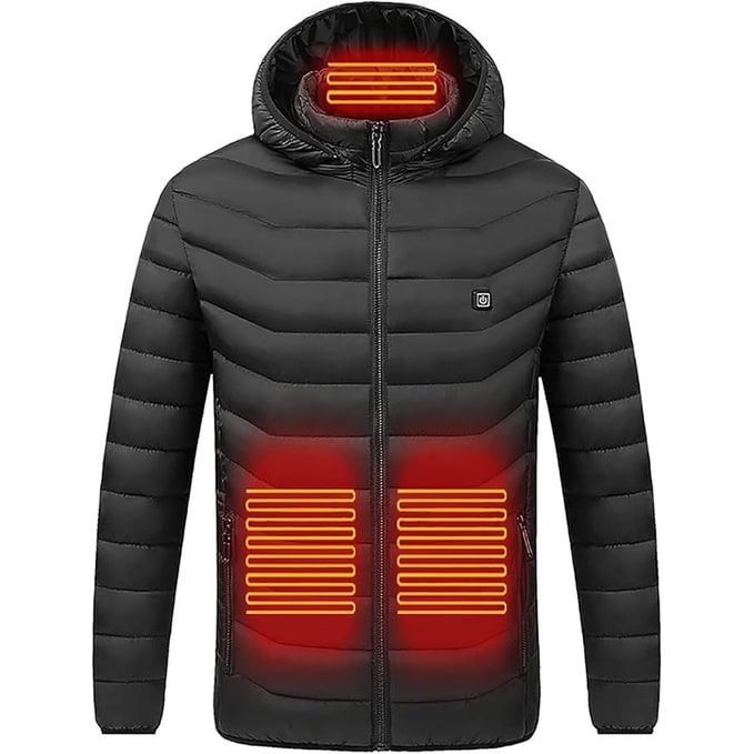 Heated Puffer Jacket Nine Heating Zones Hood Quilted Design Zipper Pockets