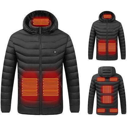 Heated Puffer Jacket Nine Heating Zones Hood Quilted Design Zipper Pockets
