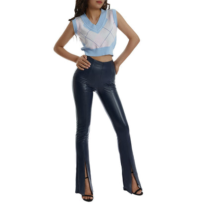 High Waist Slim Fit Flared Pants with Front Slit Detail