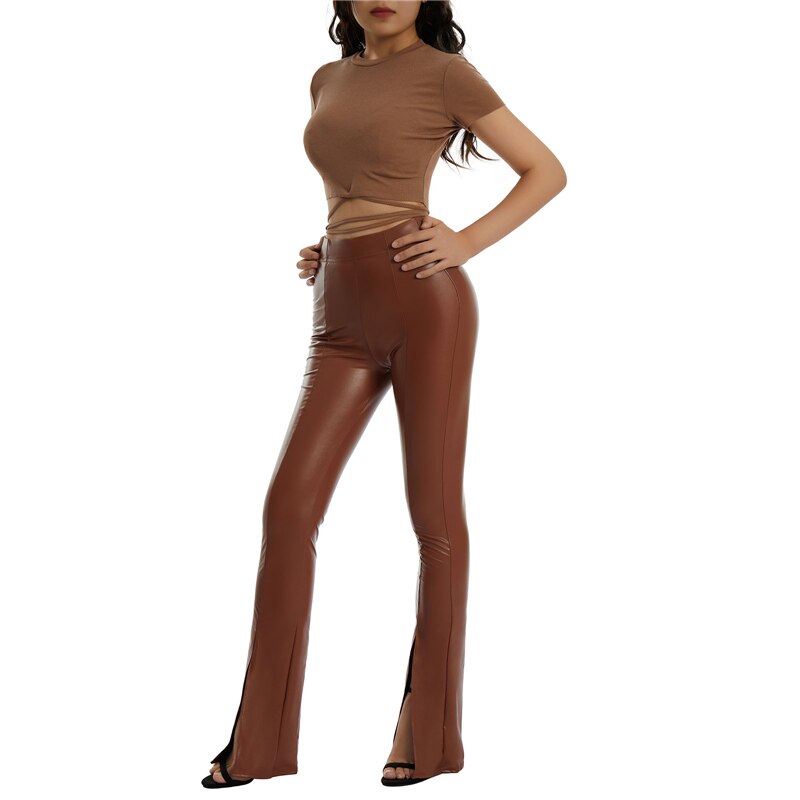 High Waist Slim Fit Flared Pants with Front Slit Detail