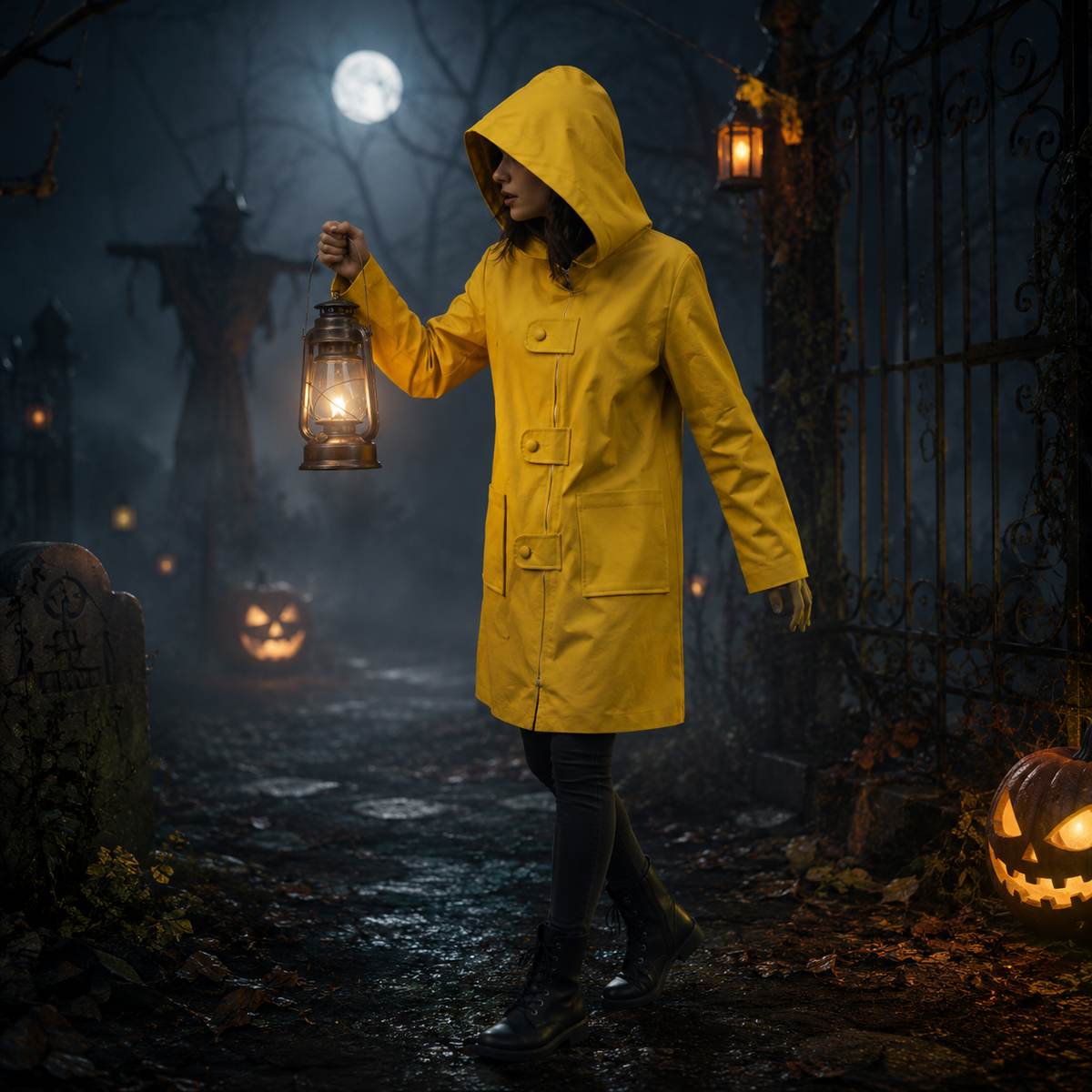 Hooded Raincoat Cosplay Jacket Costume With Zipper Pockets
