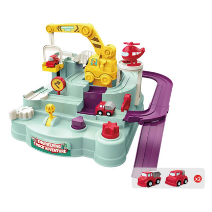 Interactive Race Track Car Adventure Toy with Mechanical Buttons and Obstacle Control