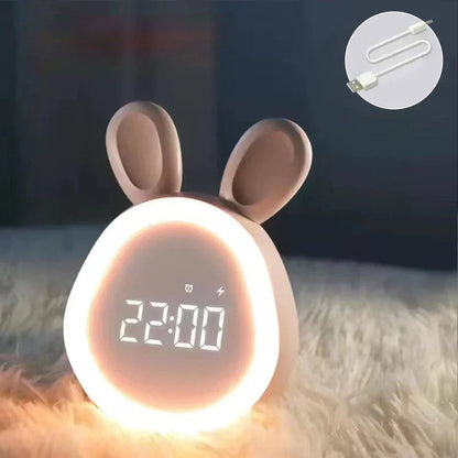 Kids Bunny Alarm Clock with Adjustable LED Night Light Cute Rabbit Bedside Lamp
