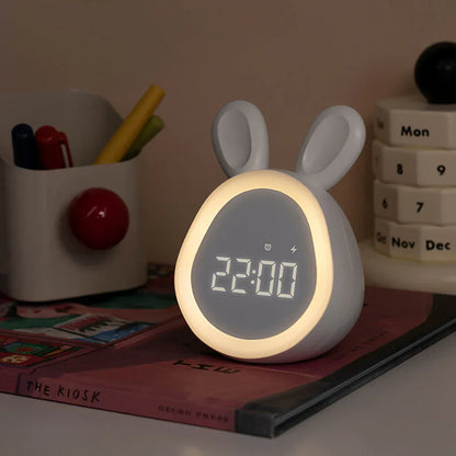 Kids Bunny Alarm Clock with Adjustable LED Night Light Cute Rabbit Bedside Lamp