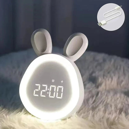 Kids Bunny Alarm Clock with Adjustable LED Night Light Cute Rabbit Bedside Lamp