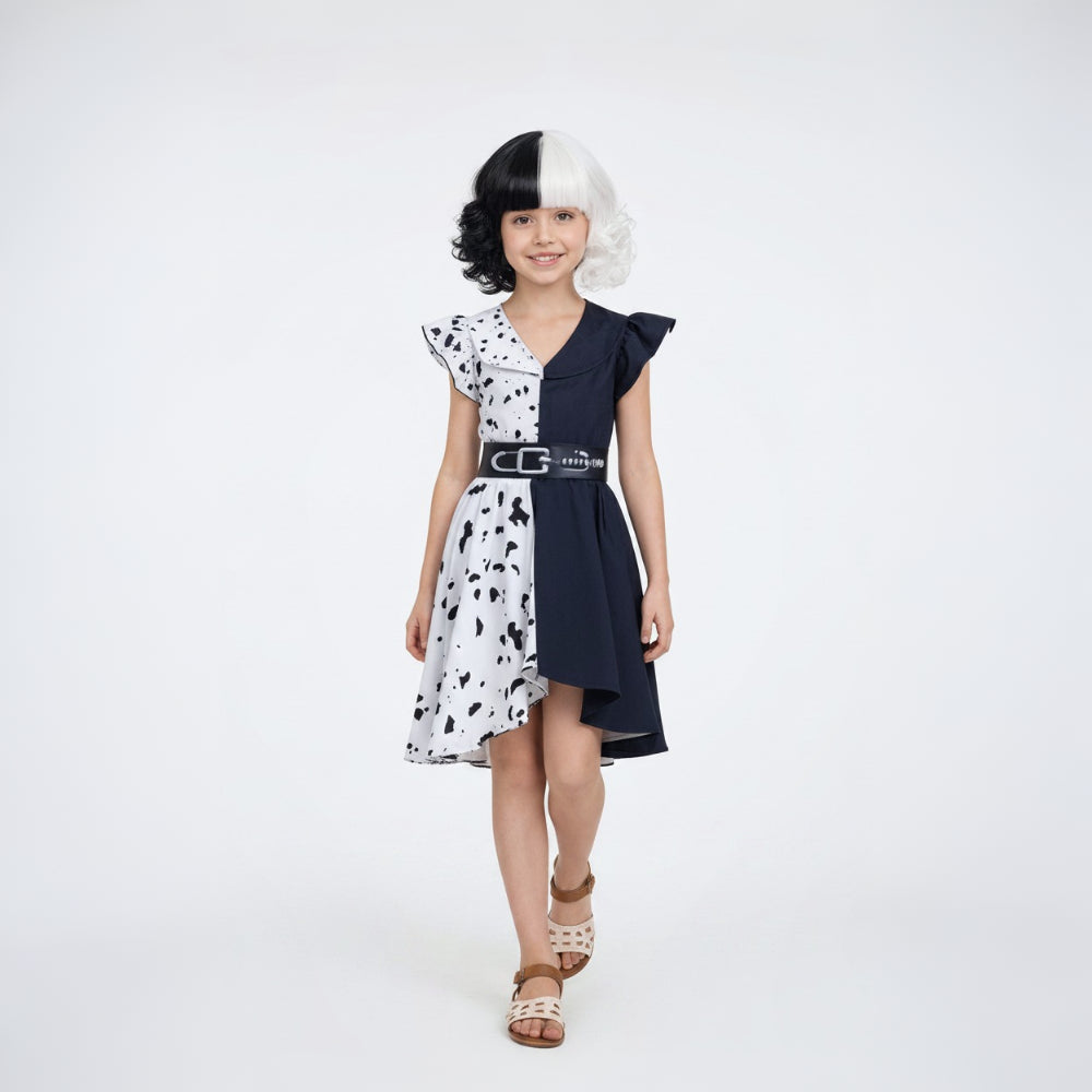 Kids Dalmatian Halloween Costume Dress Cape Mask Wig Cosplay Set