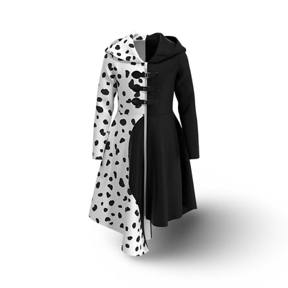 Vestito da Crudelia per bambine per Halloween con macchie dalmate e cappuccio