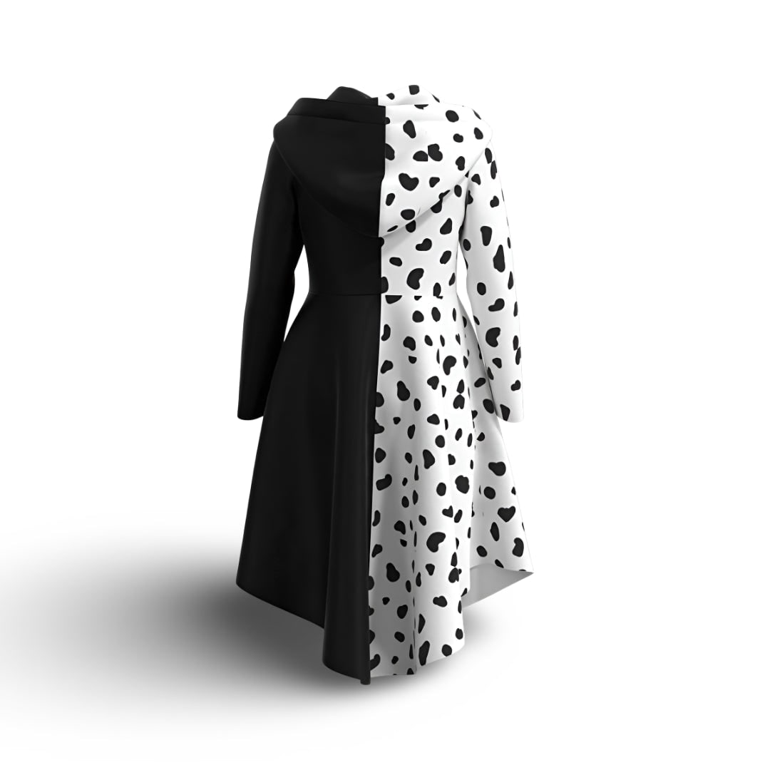 Vestito da Crudelia per bambine per Halloween con macchie dalmate e cappuccio