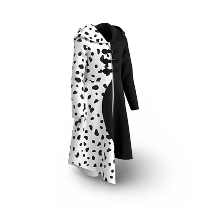 Vestito da Crudelia per bambine per Halloween con macchie dalmate e cappuccio
