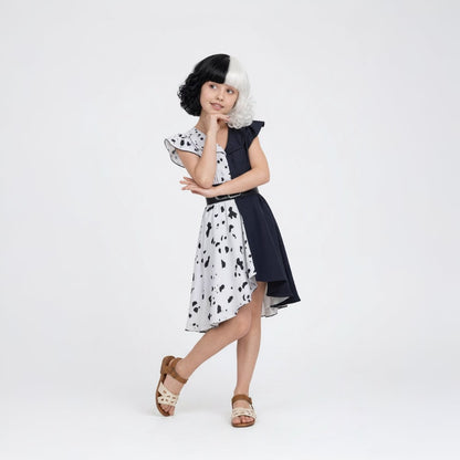 Kids Halloween Cruella De Vil Costume with Dalmatian Cape and Wig